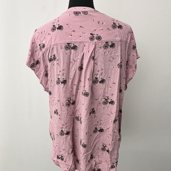 Torrid Size 00 Pink Bicycle Print V-Neck Button Front Tunic Blouse Short Sleeve - Picture 6 of 12